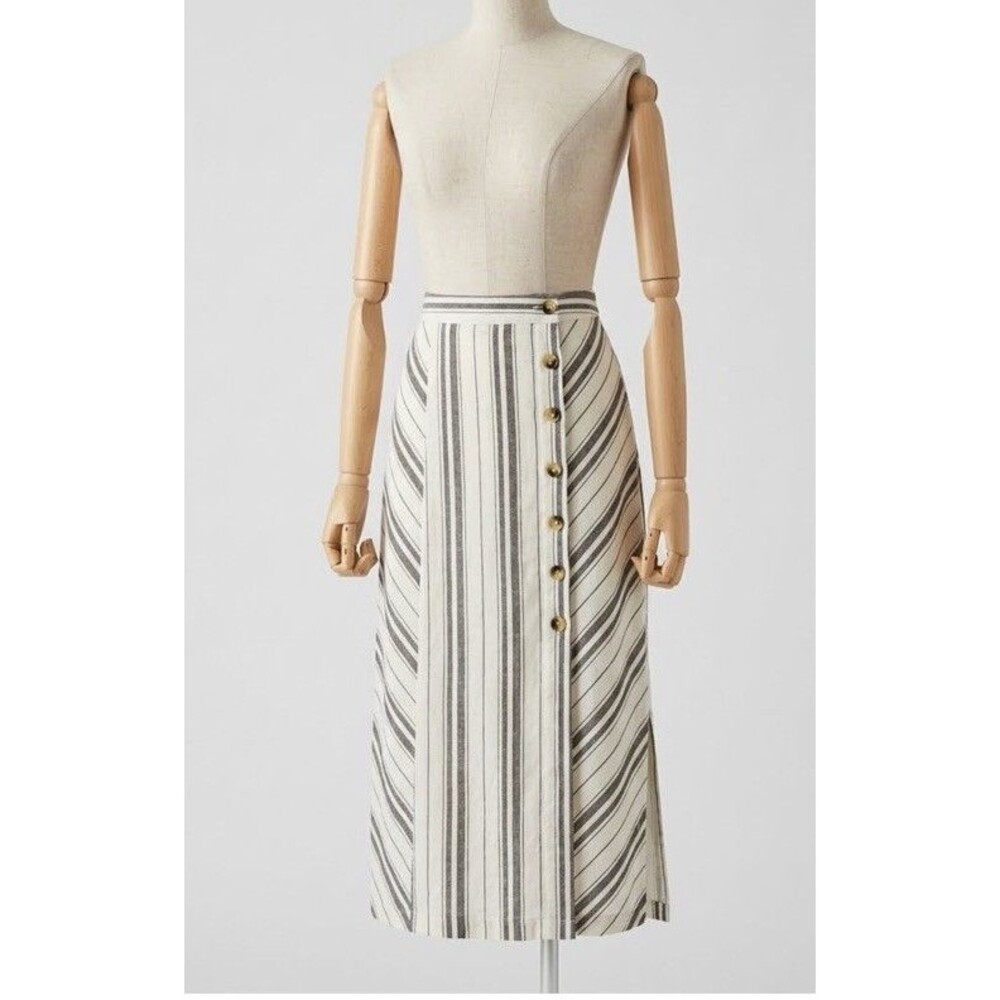 Free People Striped Linen Cotton Asymmetrical Button Front Midi Skirt Size 6